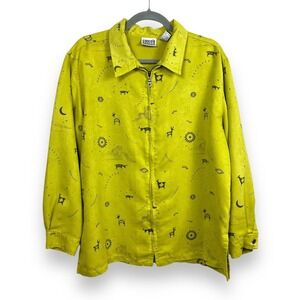 Chico's Jacket Womens Large Green Tribal Aztec Zip Lightweight Faux Suede Jacket